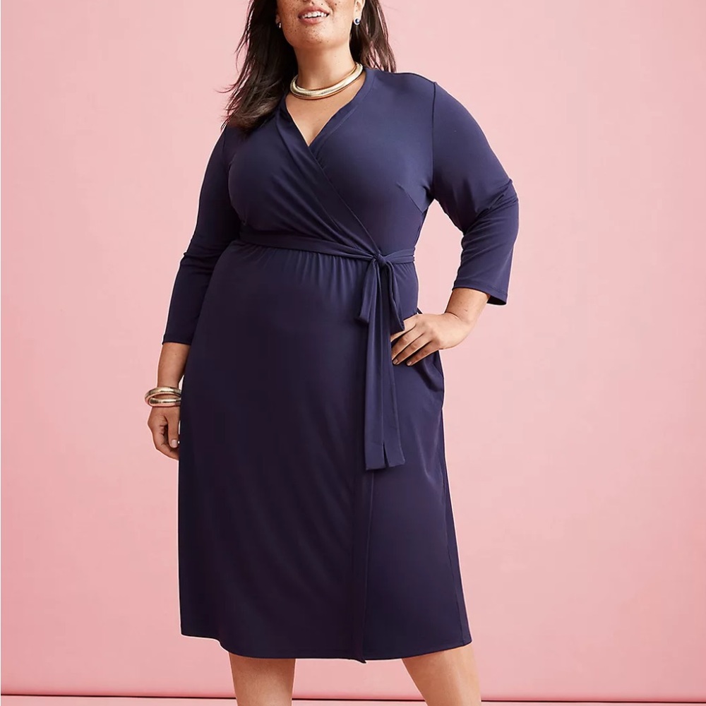NWT Lane Bryant 26/28 Navy Blue 3/4-Sleeve Faux-Wrap Dress NEW